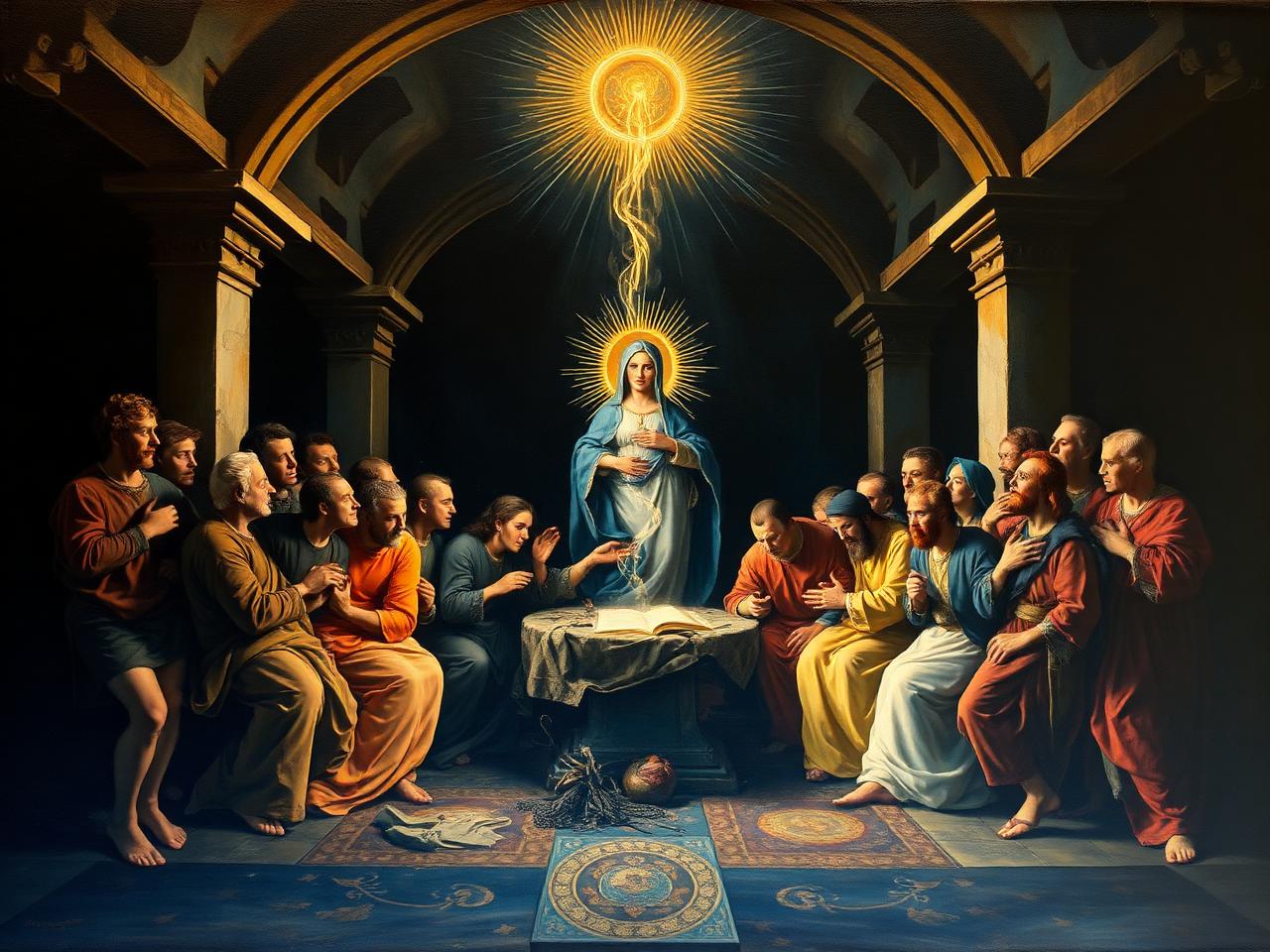 Pintura sacra do Cenáculo com Maria e os Apóstolos