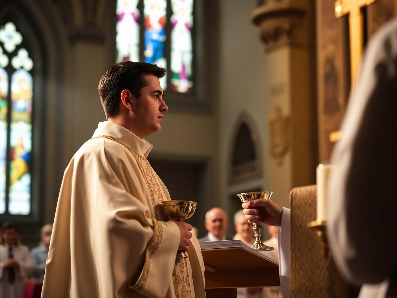 Neo sacerdote em vestes litúrgicas brancas e douradas durante celebração