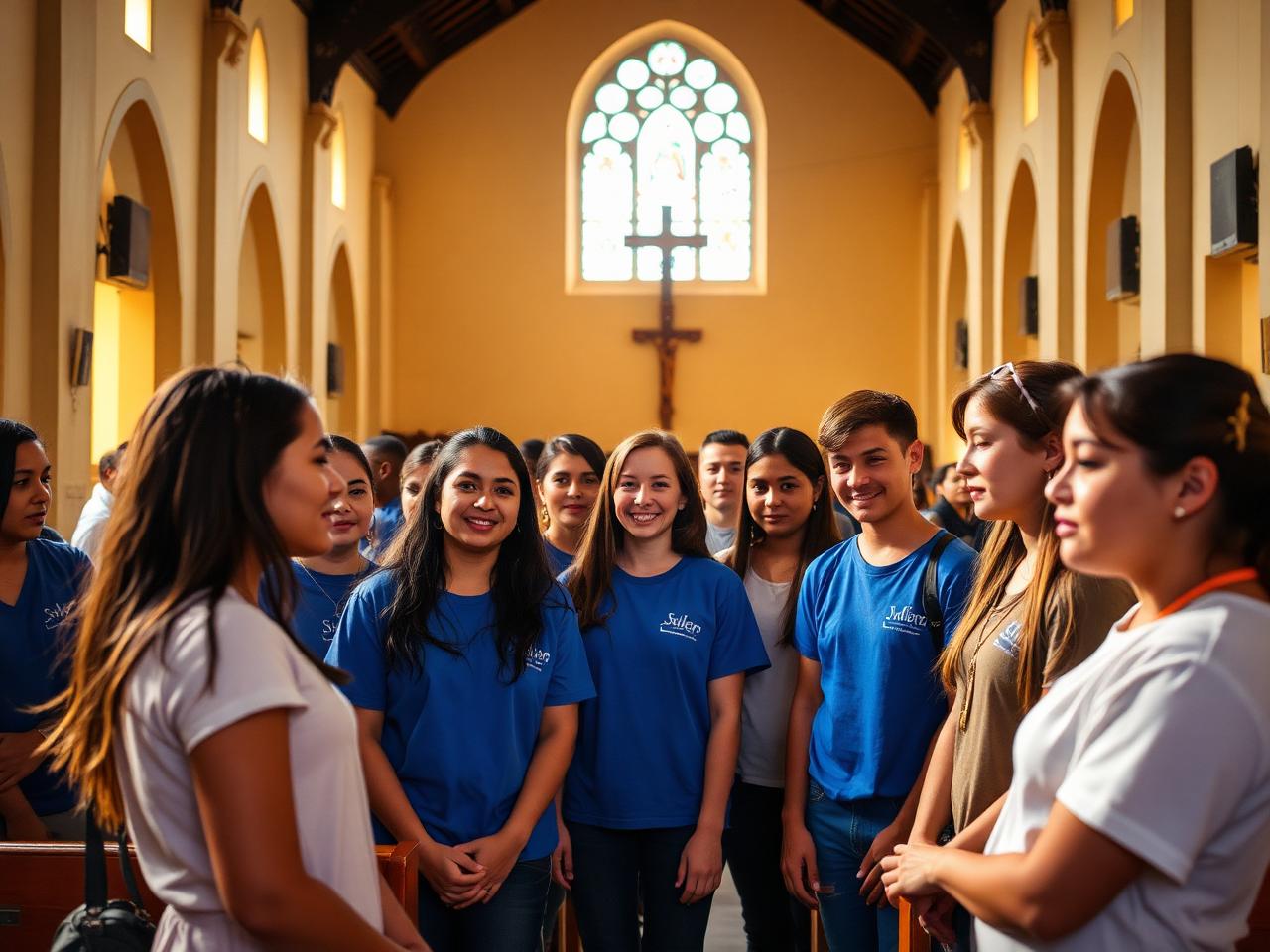 Grupo de jovens da Escola Vocacional reunidos dentro da igreja